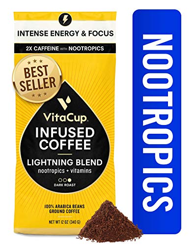Product Cover VitaCup Lightning Nootropic Ground Coffee | 2X Caffeine | Intense Energy Focus | Vitamin-Infused | Vegan | B1, B5, B6, B9, B12, D3 | for Drip Coffee Brewers & French Press, 12 oz bag