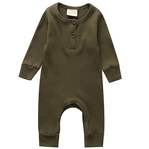 Product Cover Kuriozud Newborn Infant Unisex Baby Boy Girl Sleeveless Button Solid Knitted Romper Bodysuit One Piece Jumpsuit Outfits Clothes (Long Sleeve one Piece Army Green, 3-6 Months)