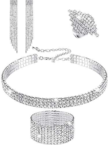 Product Cover Hicarer Women Rhinestone Stretch Bracelet Bangle Crystal Rhinestone Necklace Ring Dangle Fringe Earrings