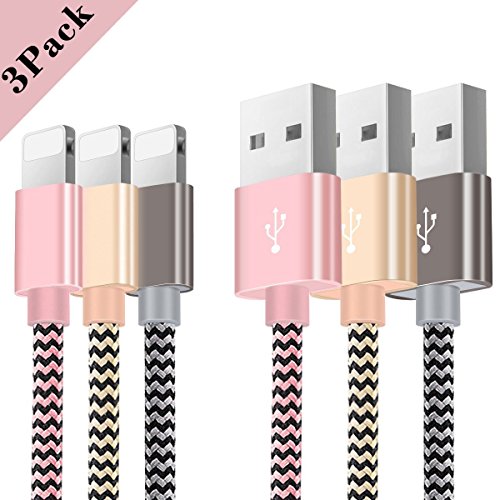 Product Cover Charger Cable Compatible with Phone 3Pack [5FT] Charging Cord Nylon Braided USB Fast Charging Cord Compatible with Phone 11 Xs Max X XR 8 7 6s 6 Plus SE 5 5s 5c Pad Pod and More (Rose Gold Grey)