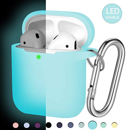 Product Cover Hamile AirPod Case Protective Cover, [Front LED Visible] Luminescent Shockproof Soft Silicone Case Cover Skin Compatible for Apple AirPods 2 & 1, with Portable Carabiner (Light Blue-Nightglow Blue)