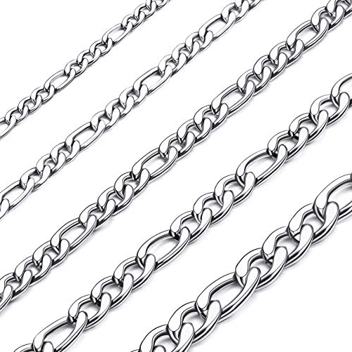 Product Cover MOWOM Silver Gold Black Color Cuban Link Chain Necklace Water Resistant Mens Stainless Steel Necklace for Women Boys Kids Thin Figaro Necklace Chain with Gift Bag (3.0-8.5mm Wide, 14-36 Inches Long)