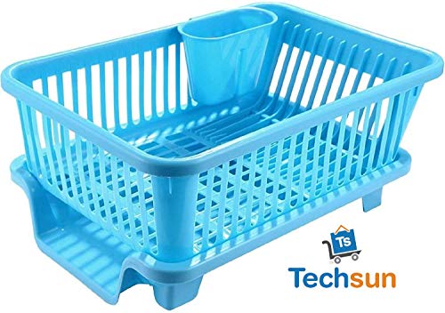Product Cover TS WITH TECHSUN 3 in 1 Large Sink Set Dish Rack Drainer Drying Rack Washing Basket with Tray for Kitchen, Dish Rack Organizers, Utensils Tools Cutlery (Blue)