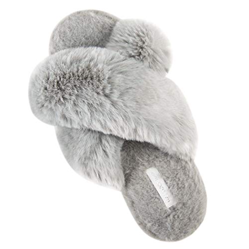 Product Cover HALLUCI Women's Cross Band Soft Plush Fleece House Indoor or Outdoor Slippers (11-12, Grey)
