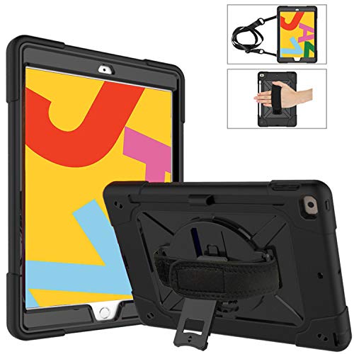 Product Cover TeeFity New iPad 10.2 2019 Case, iPad 7th Generation Case Protective Cover with 360 Degree Rotating Hand Strap/Stand and Shoulder Strap for Apple iPad 7th Gen 10.2 Inch 2019 Latest, Black