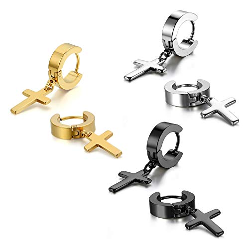 Product Cover LuMoose 3 Pairs Earrings Stainless Steel Cross Dangling Cross Earrings Dangle Earrings for Men Women Girls Fashion