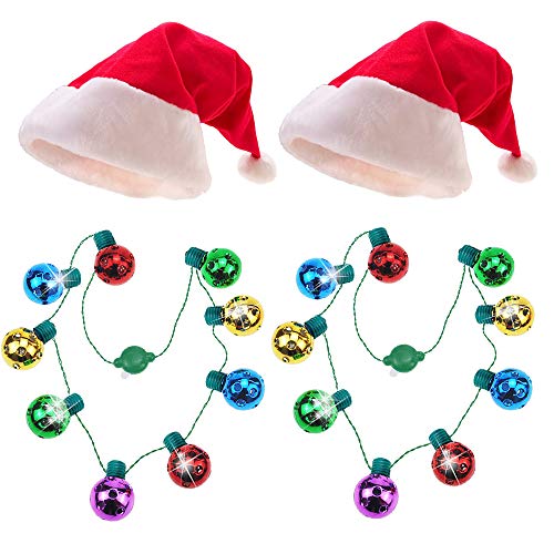 Product Cover 2 Pack Upgraded Light Up Christmas Light Necklace and Santa Hat for Xmas Party, Christmas Gifts, Christmas LED Bulb Necklace, Christmas Decorations