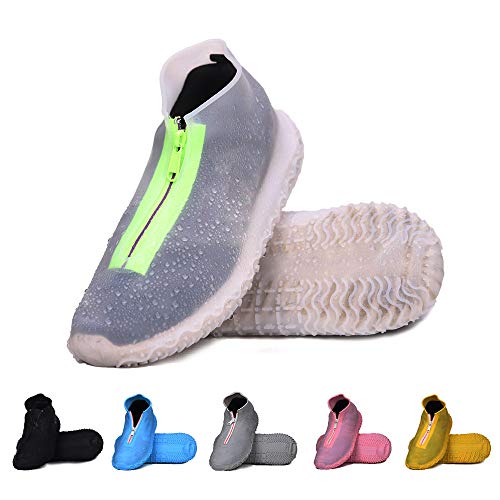 Product Cover DREAMUS Reusable Silicone Waterproof Shoe Covers, Silicone Shoe Covers with Zipper No-Slip Silicone Rubber Shoe Cover for Kids,Men and Women (Transparent, M)