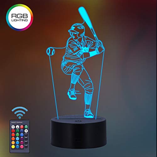 Product Cover Baseball Gifts, Baseball Player 3D Night Light 16 Colors Changing Night Lamp for Kids with Remote Control, Baseball Fan Gifts from Age 2 3 4 5 6+ Years for Girls Boys Men Women