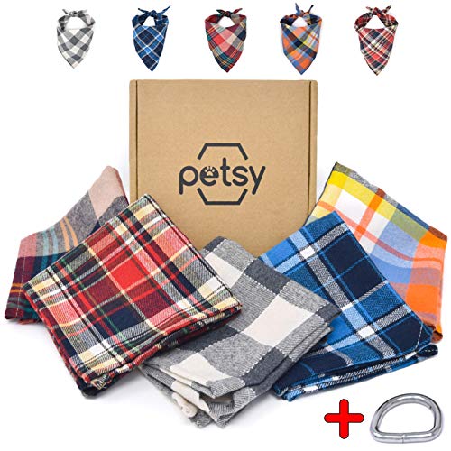 Product Cover Petsy Dog Bandana with Leash Adapter Plaid Handkerchiefs in Adjustable Size Made from Cotton Flannel Useful as Scarves Costume for Boy and Girl Dogs in Variety of Patterns like Buffalo Checkered 5pcs