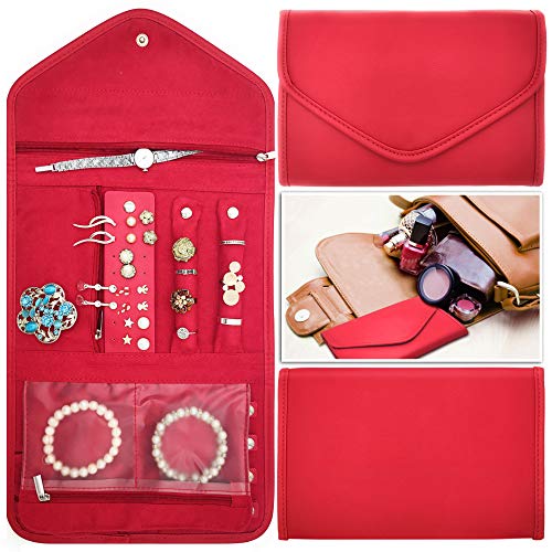 Product Cover Nobix Travel Jewelry Organizer Roll Foldable Jewelry Case for Journey - Rings, Necklaces, Bracelets, Earrings, Red (Red)
