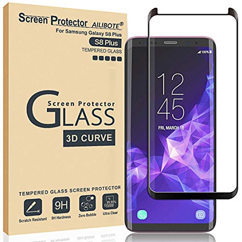 Product Cover AILIBOTE Glass Screen Protector for Samsung Galaxy S8 Plus,[2 Pack] 3D Curved Tempered Glass, Dot Matrix with Easy Installation Tray, Case Friendly(Black)