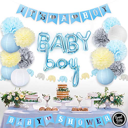 Product Cover Sweet Baby Co. Boy Baby Shower Decorations for Boy with Its A Boy Banner, Baby Boy Foil Blue Balloons, Party Lanterns, Paper Pom Poms, Elephant Theme Garland, Table Backdrop Decor Supplies Kit Boys