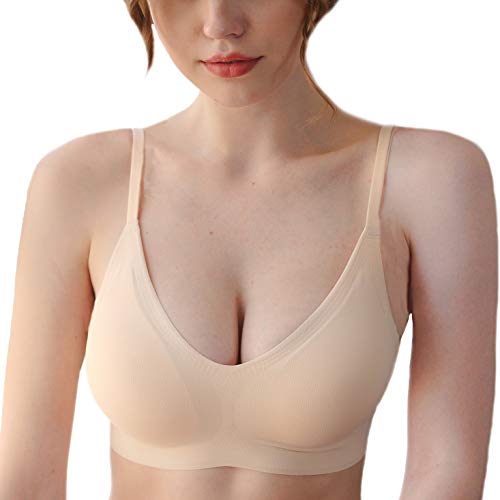 Product Cover PRETTYWELL Comfortable Bras, Seamless Wire Free Everyday Bras for A to D Cups, V Neck Soft and Light Basic Bras for Women (1-Pack-Nude, XL 36D 38B 38C 38D 40A 40B)