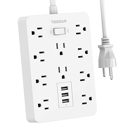 Product Cover Power Strip, TESSAN Mountable Extension Cord with 3 USB Charger, 10 Widely Spaced AC Outlets, 1875W/15A 4FT Cord, Built-in Security Module Safeguard Home and Office Devices, White