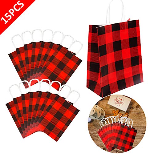 Product Cover Iceyyyy 15Pieces Red and Black Buffalo Plaid Kraft Bags Paper Gift Bag with Handle for Christmas, Party, Wedding