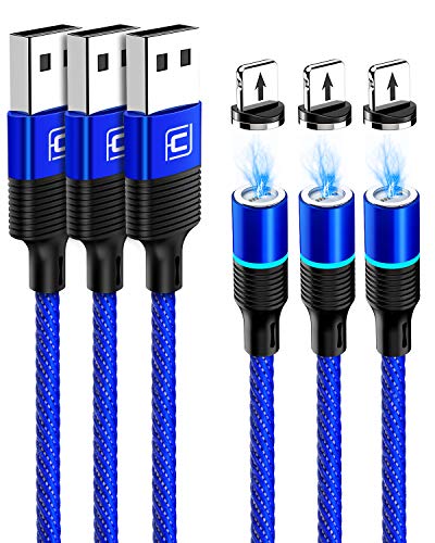 Product Cover i0S 6.6ft Magnetic Charging Cable 3 Pack, i0S 3 Tips, CAFELE USB 3.0 Fast Charging Magnetic Cable, Support Data Transfer Nylon Braided Cord with LED Light, Auto Connect, Use for iPH0NE i -Pad - Blue