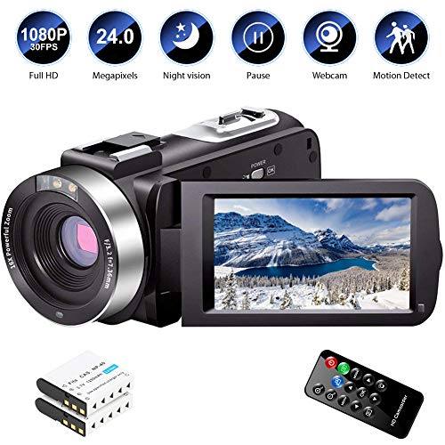 Product Cover Video Camera Camcorder Full HD 1080P 30FPS 24.0 MP IR Night Vision Vlogging Camera Recorder 3.0 Inch IPS Screen 16X Zoom Camcorders YouTube Camera Remote Control with 2 Batteries
