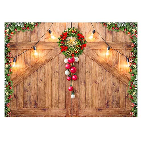 Product Cover Funnytree 7x5ft Rustic Christmas Barn Door Backdrop for Photography Merry Xmas Wood Texture Board Wall Floor Party Background Holiday Baby Portrait Photobooth Banner Decorations Photo Studio Prop
