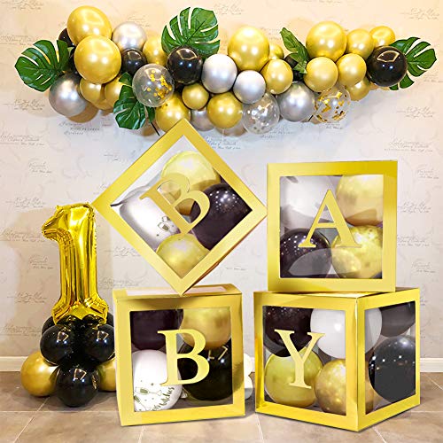 Product Cover Baby Shower Decorations DIY Transparent Box Latex Balloon for Boy Girl Baby Shower Baby Birthday Party Decoration Backdrop 4 Pcs Baby Shower Boxes and 3 Pack Baby Stickers (Gold)