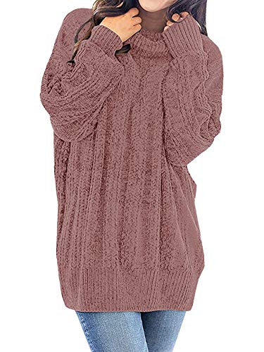 Product Cover Fessceruna Women Sweaters Fall Turtle Neck Long Sleeve Oversized Cable Knit Chunky Pullovers Brick Red