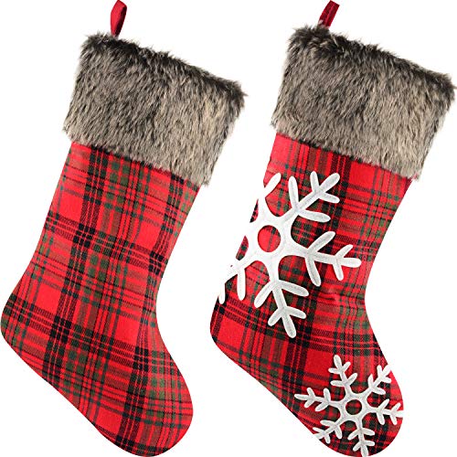 Product Cover Sunshane 2 Pieces Christmas Stockings 18 Inch Xmas Mantel Fireplace Hanging Stockings Decoration Stockings with Plush Faux Fur Cuff for Christmas Party Decorations, Plaid and Snowflake