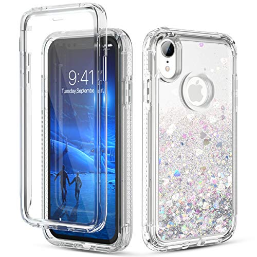 Product Cover Dexnor Compatible with iPhone XR Case with Built in Screen Protector Clear Glitter Bling Quicksand Rugged Silicone Hard 3D Dual Layer Hybrid Defender Bumper for Girl Women Silver