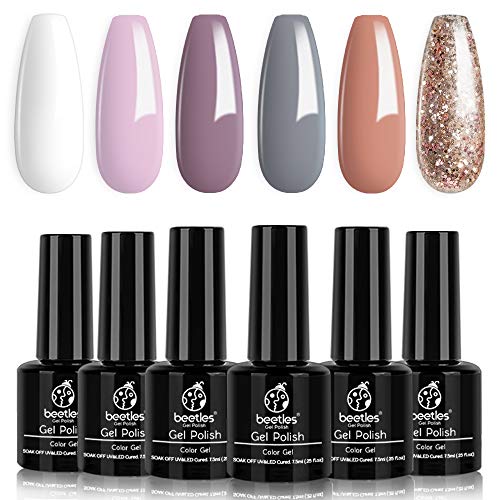 Product Cover Beetles Gel Nail Polish Set, Weekend Getaway Collection Soft Pink Purple Nude Gel Polish Golden Glitter Coral Gel Nail Lacquer Kit Bridal French Nail Art Manicure Gift Kit, 7.3ml Each Bottle