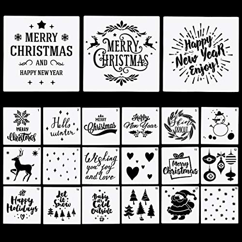 Product Cover 21 Pack Christmas Stencils Templates for Painting on Wood, 3 Large + 18 Small Reusable Merry Christmas Stencil for Holiday Home Decor Fabric Canvas Wall Window Scrapbook DIY Painting