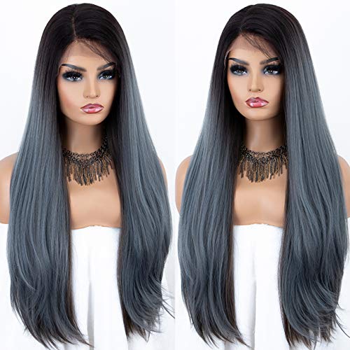 Product Cover K'ryssma Ombre Blue Lace Front Wig Mixed Color Dark Roots Long Straight Synthetic Wig with Baby Hair L part Deep Parting Blue Ombre Wigs Heat Resistant 28 Inches