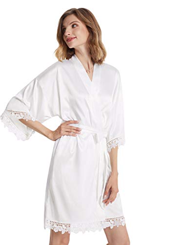 Product Cover AW BRIDAL Women's Lace Trim Silky Robes Short Bridesmaid Bride Party Nightgown Sleepwear Satin Robe White Medium