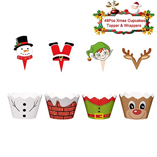 Product Cover Christmas Cupcake Toppers and Wrappers ,48 Pcs Xmas Cake Decoration Snowman Santa Claus Reindeer Elf Cupcake Picks for Christmas Party Decoration Supplies