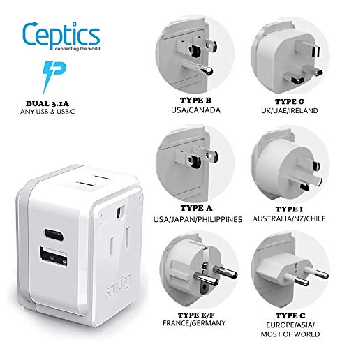 Product Cover World Travel Plug Adapter Set by Ceptics, Safe Dual USB & USB-C 3.1A - 2 USA Socket - Compact & Powerful - Use in Europe, Asia, Australia, Japan - Includes Type A, B, C, E/F, G, I Swadapt Attachments