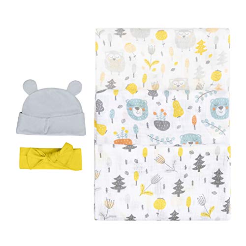 Product Cover Bubzi Co Woodland Swaddle Muslin Receiving Blanket Set - Pack of 3 -Gender Neutral Design -Soft 100% Cotton Fabric - 47 x 47 inch- 120 x 120cm - Infant Swaddling Blankets for Baby Registry Burp Diaper