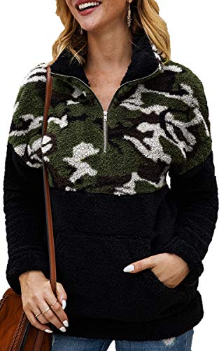 Product Cover Angashion Womens Long Sleeve Half Zip Up Warm Fuzzy Camouflage Print Patchwork Fleece Pullover Tops with Pocket for Winter