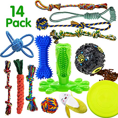 Product Cover SHARLOVY Dog Chew Toys for Puppies Teething, 14 Pack Dog Rope Toys Tug of War Dog Toy Bundle Toothbrush iq Treat Ball Squeaky Rubber Bone Durable Dog Chew Toys for Small Dogs Pet Toys Puppy Toys