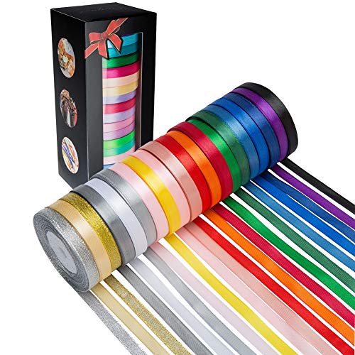 Product Cover 20 Colors 300 Yard Satin Ribbon -18 Silk Ribbon Rolls & 2 Glitter Metallic Ribbon Rolls, 2/5