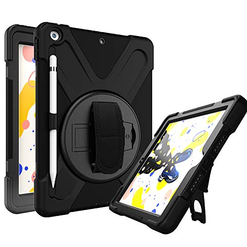 Product Cover Azzsy iPad 7th Generation Case,iPad 10.2 2019 Case, [360 Degree Swivel Stand/Pencil Holder/Hand Strap] Slim Heavy Duty Shockproof Rugged Protective Case for iPad 10.2 inch 2019 Release,Black