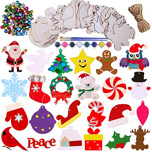 Product Cover Winlyn 24 Wooden Christmas Ornaments Crafts Kit Kids DIY Paintable Christmas Tree Wooden Ornaments to Paint Unfinished Wood Holiday Shapes Wood Embellishments Wooden Cutouts for Rustic Decorations