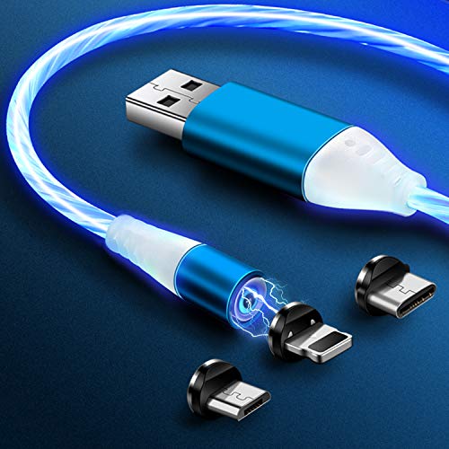 Product Cover HOVEYO 3 in 1 LED Glowing Magnetic Charger Cable Phone Charging USB Cable Compatible with Type C Android iOS (2PACK-3.3ft Blue/3.3ft Red)