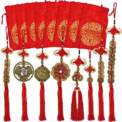 Product Cover Supla 8 Set Chinese Five Coins Feng Shui Tassel Hanging Fortune Coin with Red Chinese Knot Tassel Good Luck Charm Lucky Charm and fu Bags for Wealth Health Success Chinese New Year Decoration
