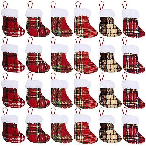 Product Cover Winlyn Christmas Countdown Advent Calendar Ornaments 24 Pack Buffalo Plaid Mini Stocking Ornaments Mini Christmas Stockings for Kids Holiday Tree Decor Gift Card Silverware Holders 4.3