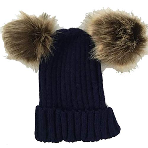 Product Cover isopeen Parent-Child Beanie Casual Adults Children Winter Warm Cute Knit Pom Pom Beanie Hats Hats & Caps Navy Blue