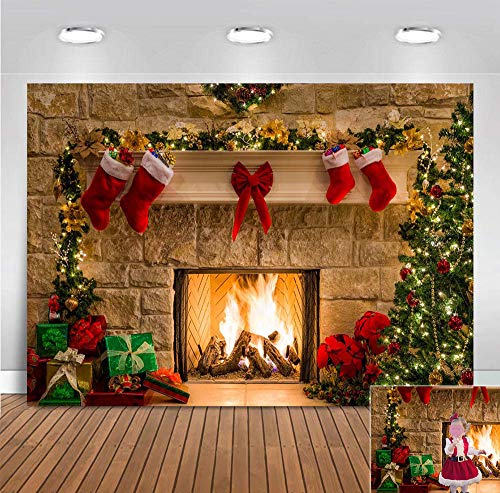 Product Cover 9x6ft Winter Xmas Themed Photography Backdrop Christmas Tree Socks Gifts Fireplace Photo Background Birthday Decorations Vinyl Party Banner Photo Booths Studio Props Holiday Supplies