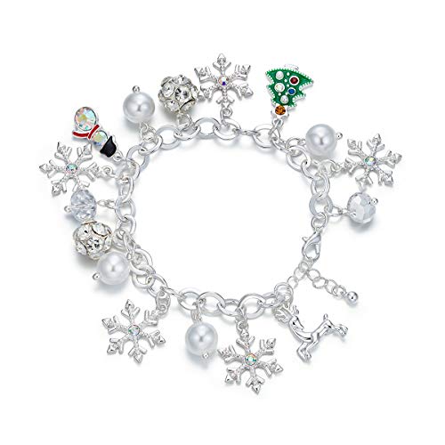 Product Cover RareLove Cute Christmas Charm Bracelet Silver Plated Snowflake Xmas Tree Reindeer Snowman Faux Pearl CZ Bling Beads Chain Link Adjustable for Women Girls