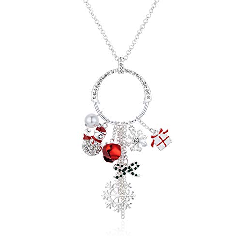 Product Cover Cute Christmas Sweater Long Tassel Circle Pendant Necklace for Women Silver Plated CZ Crystal Rhinestone Jingle Bell Snowflake Snowman Bow for Her