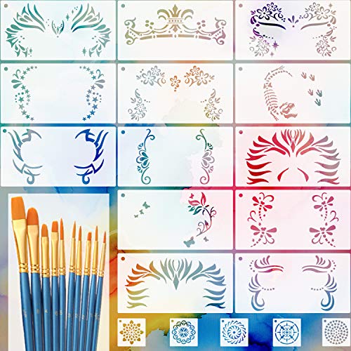 Product Cover LLGLTEC 13 Pieces Face Painting Stencils Kit Reusable Face Paint Stencils for Face Art, Halloween Makeup with 10 Pieces Round Pointed Tip Nylon Hair Brush Set, 5 Pieces Mandala Dot Painting Stencils