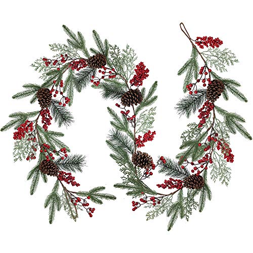 Product Cover Artificial Christmas Pine Garland with Spruce Cypress Pinecones Red Berry Garland Winter Greenery Garland for Holiday Season Mantel Fireplace Table Runner Centerpiece Decoration 6.6 feet