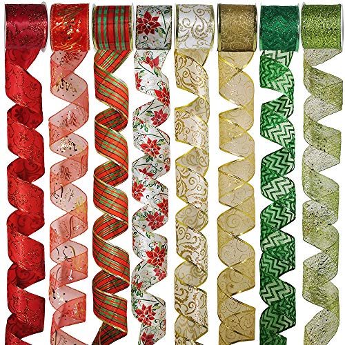 Product Cover 8 Rolls 48 Yards Assorted Christmas Tree Ribbon Plaid Bow Wired Ribbon Craft Gift Wrapping Ribbon Holiday Poinsettia Floral Mesh Sheer Glitter Tulle Organza Ribbon 2.5