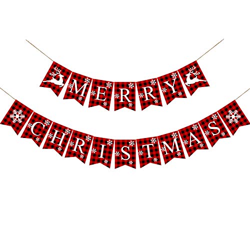 Product Cover Plaid Merry Christmas Banner Cotton Burlap Christmas Rustic Bunting Banner for Christmas Hanging Decorations